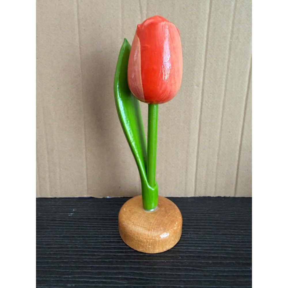 Hand Painted Wooden Tulip Figurine Orange Flower Decorative Wood Statue 7 in